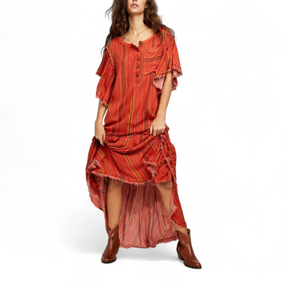 Free People Better Days Short Sleeve Striped Maxi Dress Red Combo Women's Sz S - Picture 2 of 13